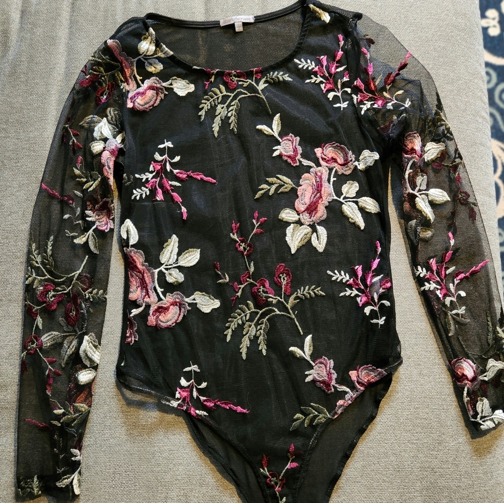 Floral embroidered mesh bodysuit
